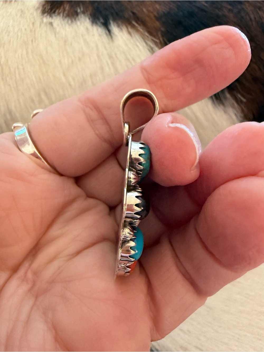 ❤️ MultiStone Turquoise Spiny Oyster Pink Conch Onyx Statement Pendant 12.3 Gms - Picture 7 of 13